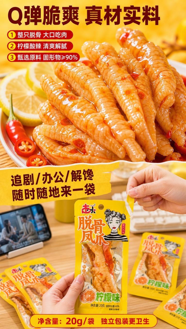[商品] 使用【图1】走火柠檬味脱骨凤爪；保留包装黄色主色、"… - 图片创意预览