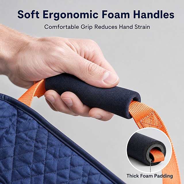 [主图-5] Patient Transfer Sling，Soft Foam Handle Grip细节特写。
[统一基调] 医疗护理专业感，浅灰色背景，冷调柔光，微距特写质感。
[画面] 画面主体为把手部位的大特写：一只欧美男性护理人员的手握住黑色海绵握把，手指自然弯曲，展示握把的柔软度和人体工学设计。海绵握把被手指轻轻按压产生轻微凹陷，体现柔软防勒的特点。橙色织带穿过握把，连接处加固缝合清晰可见。背景虚化，突出把手主体。右下角有一个小圆形插图，展示握把的截面结构：外层黑色海绵+内层织带。
[光影质感] 侧柔光，突出海绵的柔软多孔质感和织带的尼龙光泽，手部皮肤纹理自然，阴影柔和。
[配色] 浅灰背景，黑色海绵+橙色织带+深蓝面料，手部肤色自然。
[文字版式] 顶部大标题："Soft Ergonomic Foam Handles"，副标题："Comfortable Grip Reduces Hand Strain"。右下角小圆图标注："Thick Foam Padding"。无衬线字体，深蓝色标题。
[输出要求] 1:1正方形，2048x2048，细节清晰，质感真实。负向：变形、错字、模糊、杂乱、水印、中文、畸形手指。