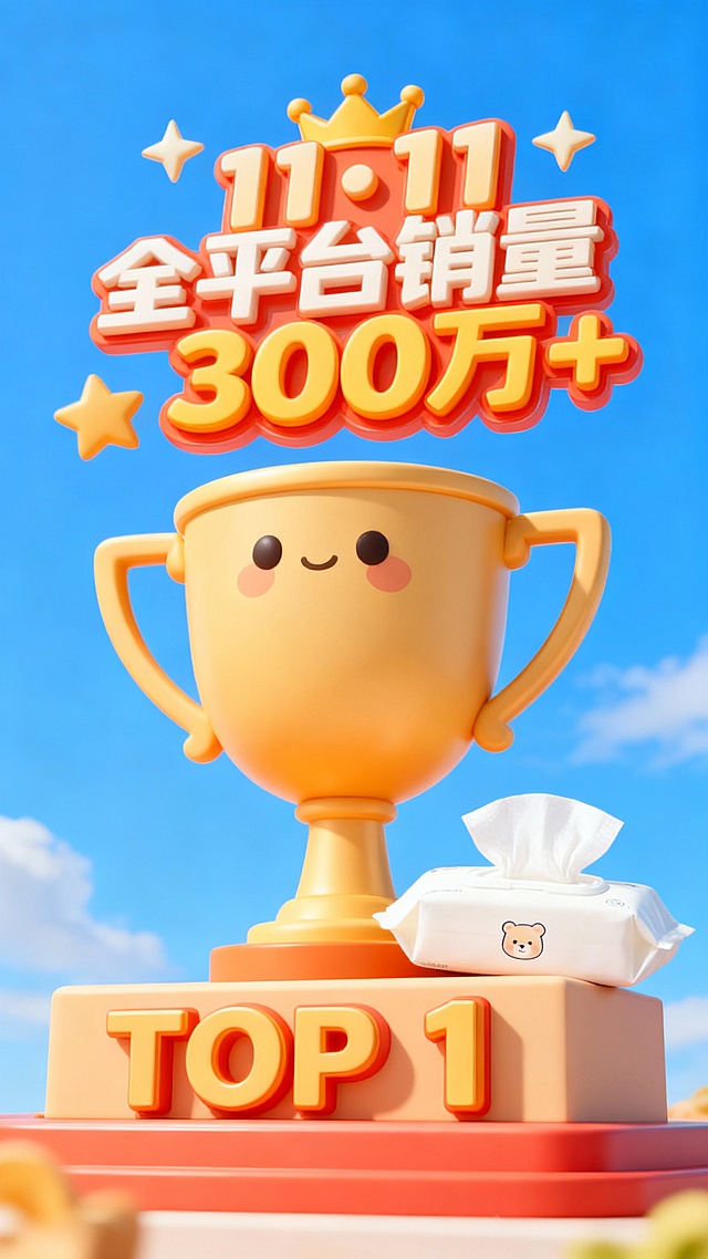轻微仰拍视角，画面中心是一个底座印着“TOP 1”立体文字的巨型卡通3D奖杯，商品位于奖杯一侧，画面上方是3D卡通文字“11·11 全平台销量300万+”，皇冠、星星装饰，背景为明亮湛蓝的天空，促销活泼氛围。