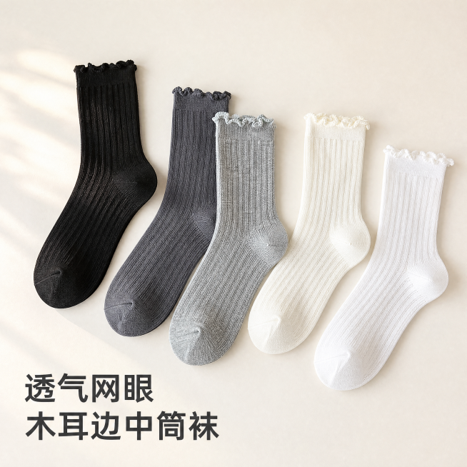 [主图-1] 木耳边网眼中筒女袜首图展示。[氛围风格] 清新简约高级感，日常松弛风；[画质] 商业摄影质感、光线柔和通透、产品清晰真实、画面干净高级。[元素] 五双不同颜色（黑色、深灰、浅灰、奶白、白预览效果