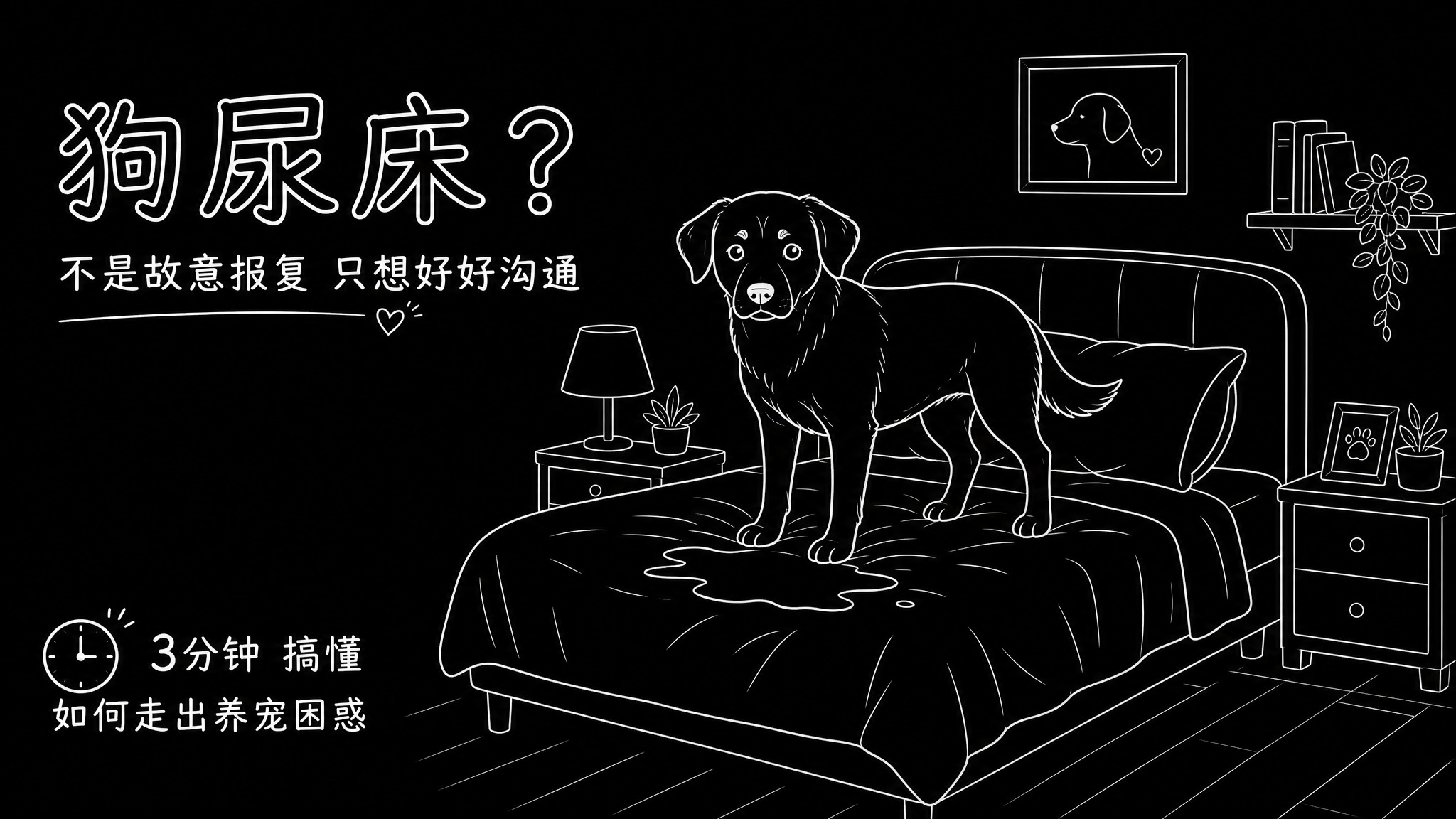 横版16:9比例的黑白线描风格封面，黑色背景白色线条；画面中央… - 图片创意预览
