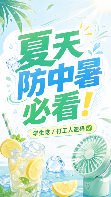 小红书封面图，标题："夏天防中暑必看！学生党 / 打工人速码✅"，夏日清新风格，画面有冰饮、凉扇等降温元素，明亮清爽配色，简洁醒目，适合社交媒体分享预览效果