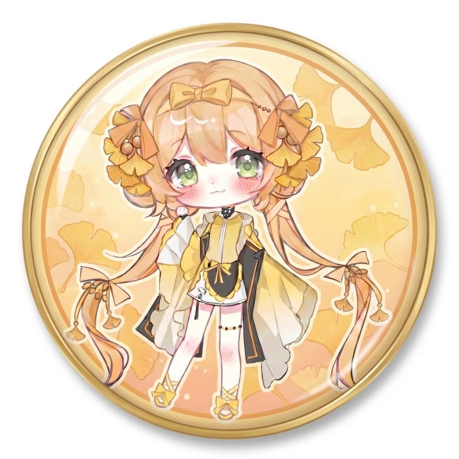 基于图中的Q版银杏少女形象，设计圆形徽章吧唧文创产品，保留原人物可爱二次元风格和暖黄色银杏配色，制作出适合徽章印刷的圆形效果图，画面清晰干净，适合文创生产预览效果
