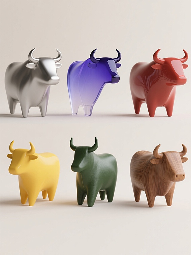 六个风格统一为简约现代剪影风格的牛造型设计，每个牛造型具有独特配色、样式细节和材质表现，整体采用上下两行各三个整齐对齐排列的布局，背景为浅色，牛的剪影轮廓流畅优美，头部有弯曲的牛角，身体呈现流线型，姿态统一为侧视头部微抬，第一行从左到右分别为金属质感银灰色牛、渐变蓝紫色玻璃质感牛、哑光红色陶瓷质感牛，第二行从左到右分别为木质纹理棕色牛、亮黄色塑料质感牛、绿色磨砂皮革质感牛，每个牛造型保留原图的剪影结构特点但通过不同颜色和材质纹理区分，整体画面简洁干净，视觉层次清晰，突出六个牛造型的设计多样性与统一性。