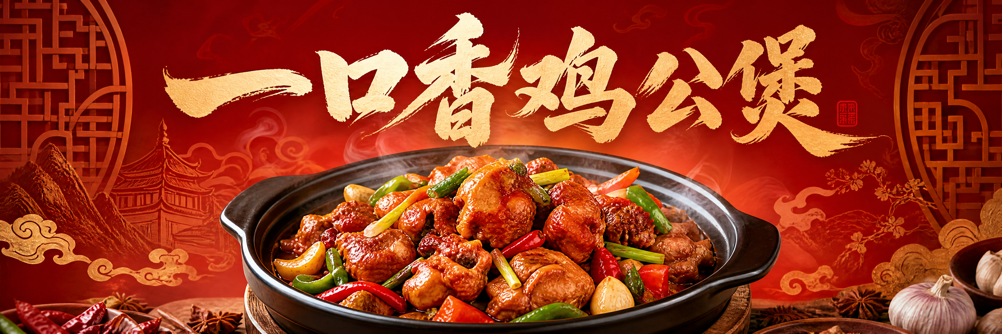 餐饮品牌海报设计，店名"一口香鸡公煲"，横版长幅构图，画面中央… - 图片创意预览