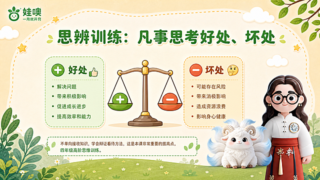 A4横版儿童教育PPT页面，清新杏色和绿色可爱风格，与第3张参考图风格完全一致：浅杏色背景，绿色叶子装饰，白色云朵，黄色星星点缀，圆角虚线边框。左上角有"娃噢 一用就开窍"品牌logo。页面大标题为"思辨训练：凡事思考好处、坏处"，绿色粗体大字。中间用天平图标或左右对比的方式展示辩证思维：左侧绿色卡片写"好处"（配加号/点赞图标），右侧杏色卡片写"坏处"（配减号/思考图标），中间用天平图标连接。底部文字说明：不单向接收知识，学会辩证看待方法，这是本课非常重要的拔高点，四年级高阶思维训练。页面右下角放置穿白色中式盘扣上衣红色裙子戴黑框眼镜棕色长卷发的3D卡通女老师（与参考图1完全一致）和白色九尾羊有螺旋羊角尾巴尖带淡蓝色的毛绒神兽形象（与参考图2完全一致），形象准确不变。底部有绿色草地和叶子装饰。整体风格清新可爱，A4横向比例