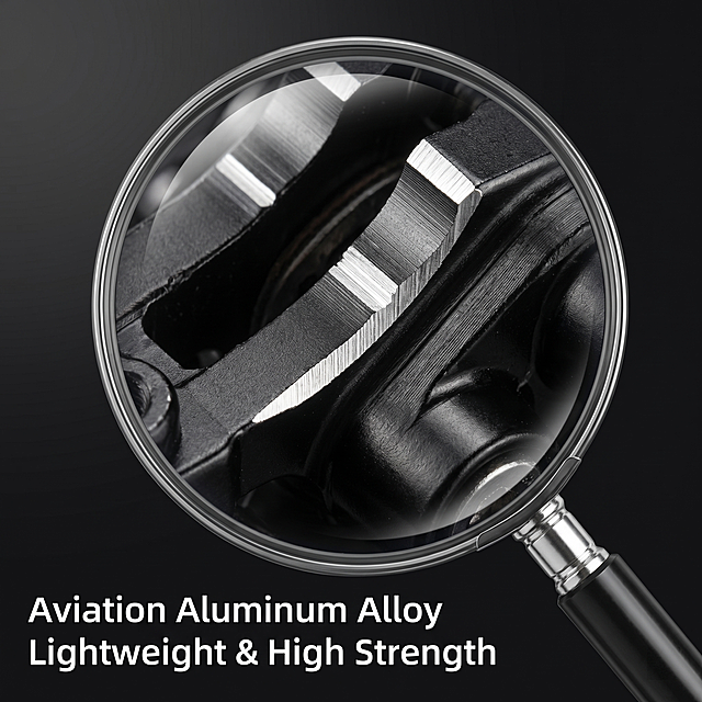 [主图 3] NUTT brake calipers material detail close-up display image. [氛围 style] industrial technology style, highlighting product texture and mechanical performance. [quality] macro commercial photography, super clear detail, extreme texture performance. [elements] Magnifying glass effect partial enlargement, focus on the metal cutting surface of aviation aluminum alloy, show the delicate texture and precision machining. Keep the product material, color, structure absolutely consistent with the input product picture. The enlarged detail area occupies the main body of the picture, the overall composition is full. [light and shadow] Hard local light, highlight the metal texture and cutting lines, three-dimensional sense of full. [color matching] Main color metal black matte, local highlight silver, background dark gradient. [perspective composition] Local close-up, the focus is clear, the detail is prominent. [text layout] Lower left corner description "Aviation Aluminum Alloy
Lightweight & High Strength", white text clear contrast, do not block the core detail area. [resolution] 1:1 ratio, 2K resolution; ultra clear detail, ultra HD. [negative prompt] deformation, watermark, text confusion, product picture blurred, background messy.