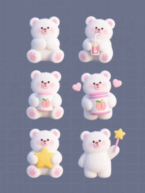 六个造型完全不同的立体风格小熊元素，每个小熊都有蓬松的白色毛发、粉色腮红和圆耳朵，第一个小熊双手抱胸坐着，第二个小熊用吸管喝饮料，第三个小熊抱着印有桃子图案的粉色罐子，第四个小熊脸颊旁有两个心形图案，第五个小熊抱着黄色星星，第六个小熊举着星星魔法棒，所有小熊均以规整的网格状排布在纯色背景上，保持可爱治愈的氛围和简约的线条勾勒预览效果
