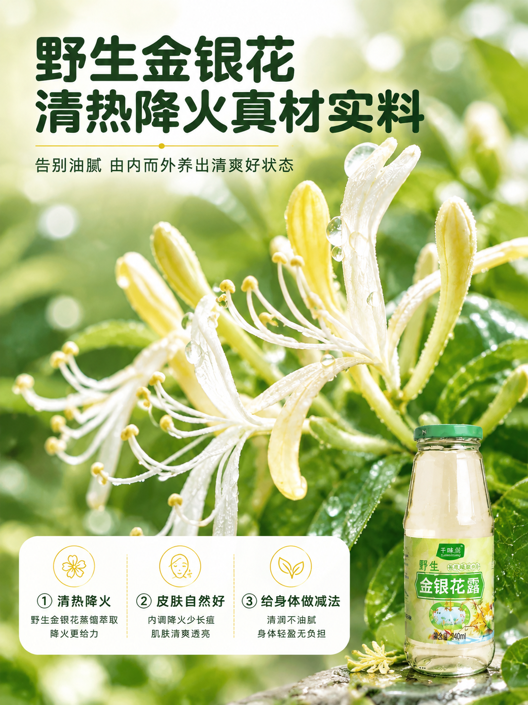 [商品] 使用【图8】野生金银花原料图与右下角金银花露产品瓶；… - 图片创意预览
