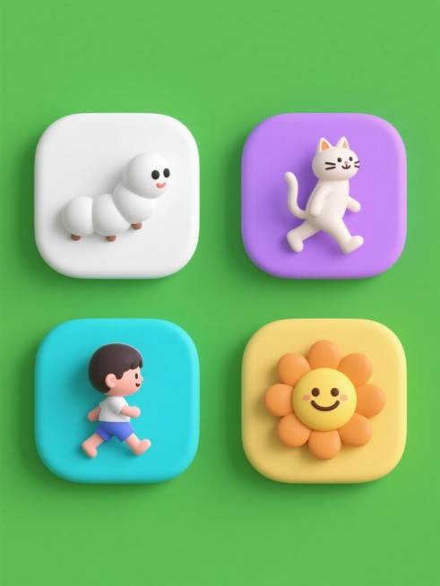 软3D风格图标集合，纯色背景，四个规整排布的图标，每个图标色彩不同，保持统一的软3D质感、简洁线条和圆润边角。从左到右分别是：白色的蚕宝宝图标，呈现一个爬行挪动状态；迈开步伐行走的小孩图标，展示走路姿预览效果