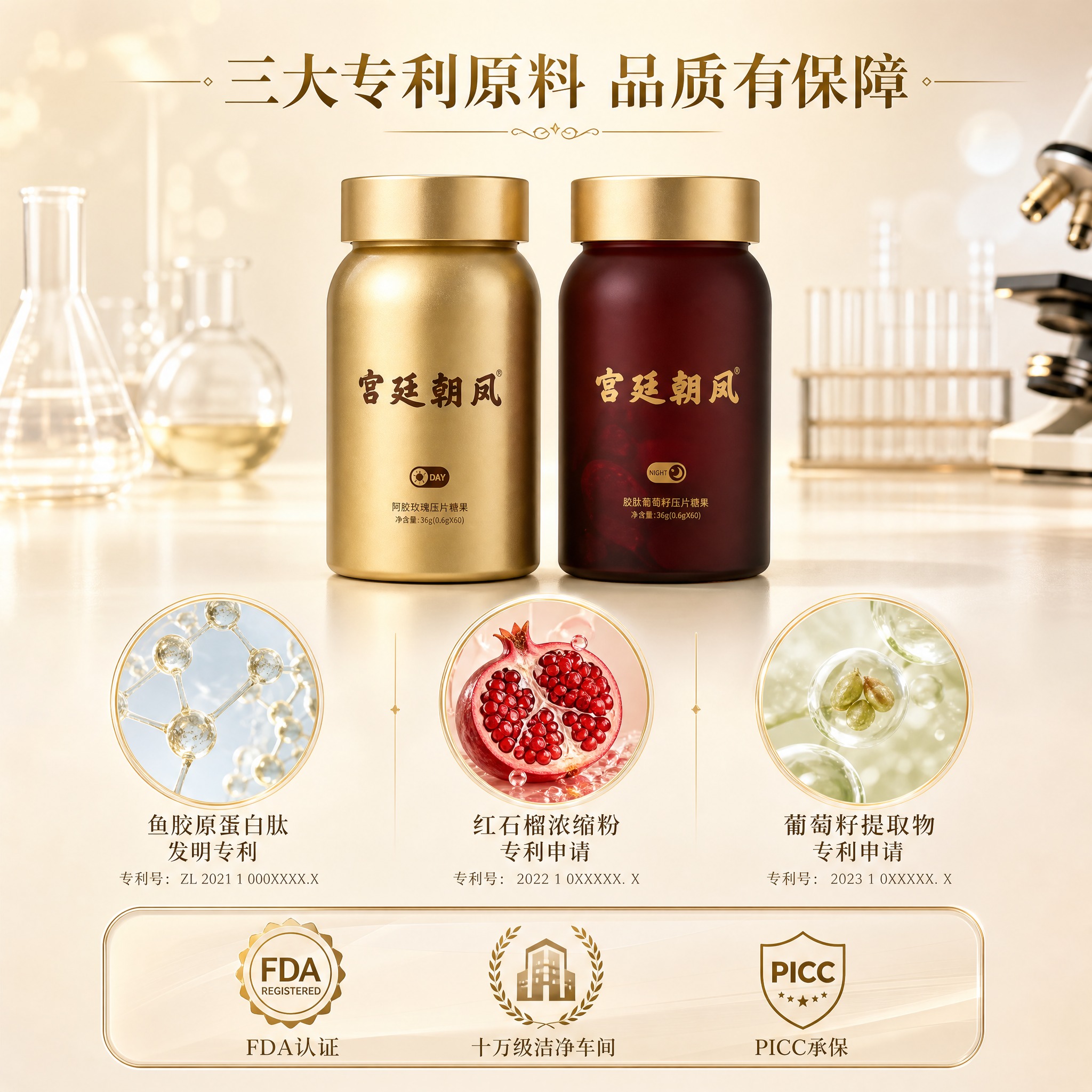 [主图-4] 宫廷朝凤 阿胶玫瑰+胶肽葡萄籽压片糖果套盒 专利… - 图片创意预览