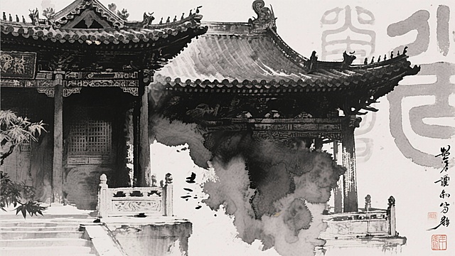 随机生成具有中国古代传统符文样式为背景，以宫殿等刻画为纹理，色调以黑白灰等为主，笔触体现中国传统国画