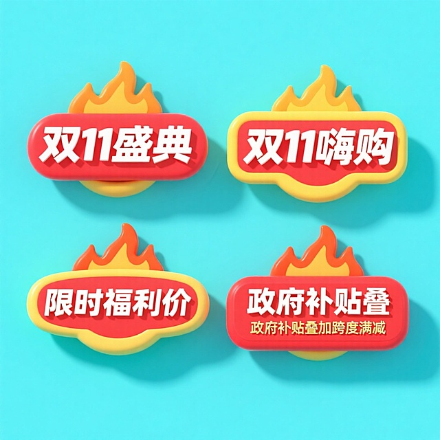 4个规整排布的促销标签素材，每张标签均为规整排布的单一促销标签，标签采用纯色背景，包含“双11盛典”、“双11嗨购”、“限时福利价”、“政府补贴叠加跨度满减”文案，标签设计风格为3D立体效果，带有火焰装饰元素，主色调为红色和黄色，光影运用有明显的高光和阴影细节，色彩和谐度高