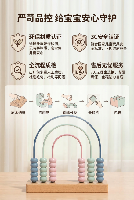 严格还原三档彩虹算珠计算架产品细节，保持三档阶梯式拱形滑杆不变，每根滑杆10颗圆形算珠，实木立式底座不变，保留雾霾蓝、浅豆绿、柔粉色原马卡龙配色，弧形彩虹造型全部细节保留，保持天然实木哑光质感、金属滑预览效果