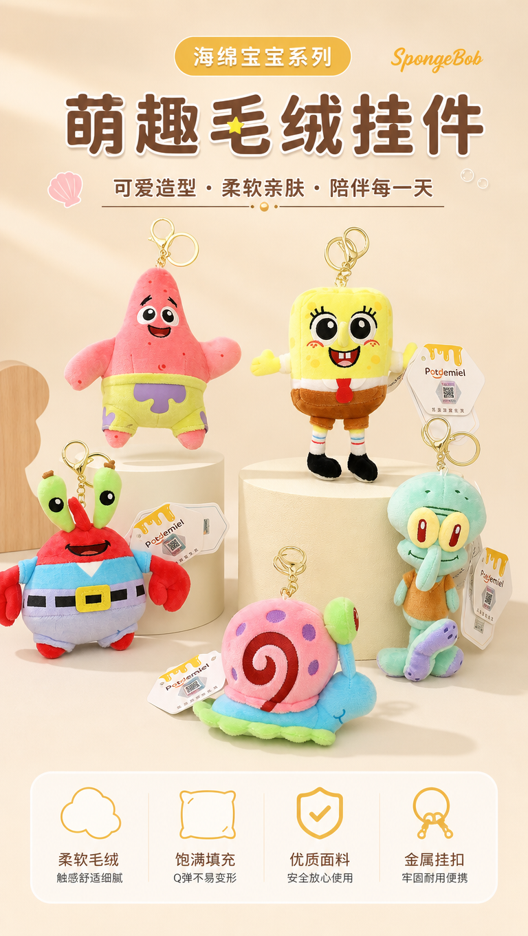 电商产品详情页头图，展示5款毛绒挂件钥匙扣产品，使用参考图中的… - 图片创意预览