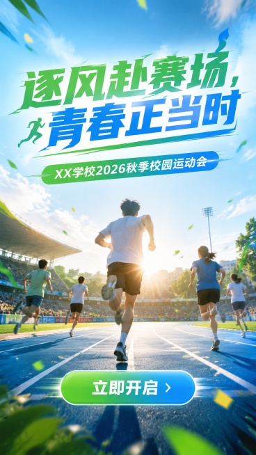 校园秋季运动会H5启动页，写实商业摄影风格，年轻活力色调，绿色蓝色为主色，阳光运动场背景，青春奔跑剪影，居中大标题"逐风赴赛场，青春正当时"，副标题"XX学校2026秋季校园运动会"，底部按钮文案"立预览效果