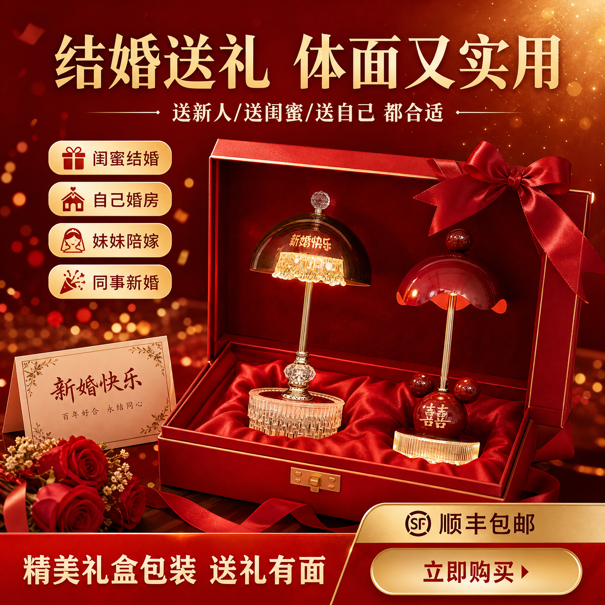 淘宝天猫电商主图，促销送礼图，1:1正方形。一对红色婚庆台灯放… - 图片创意预览