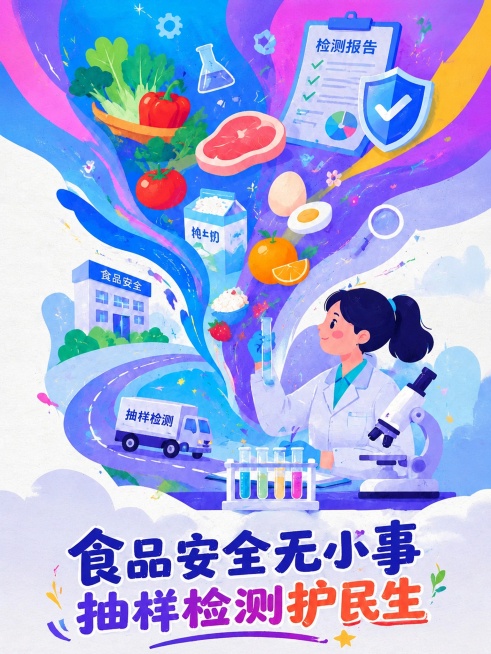 保持当前食品安全检测海报内容和插画风格不变，仅修改尺寸比例为3:4预览效果