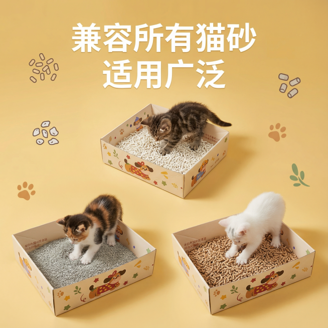 这张图片是产品主体这款产品是一次性猫砂盆 产品主体颜色不改变 我需要设计20张主图在拼多多上面售卖   主图场景布局设计用小猫等 等背景元素 整体色调暖色，可爱 显得高级一些  主图文案内容 月刨猫砂预览效果