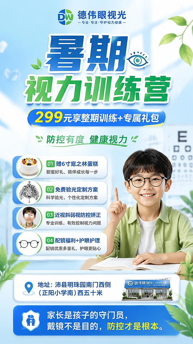 德伟眼视光视力训练营招生海报，写实商业摄影风格，清新专业护眼氛围，明亮蓝绿色系，画面版式精美。主标题“暑期视力训练营”，副标题“299元享整期训练+专属礼包”，装饰文案“防控有度 健康视力”。卖点信息：1.赠6寸寇之林蛋糕，2.免费验光定制方案，3.近视斜弱视防控矫正，4.配镜福利+护眼护理。地址文字：沛县明珠园南门西侧(正阳小学南)西五十米。 slogan文字：家长是孩子的守门员，戴镜不是目的，防控才是根本。画面排版分区清晰，主标题居中突出，卖点信息用干净卡片标签呈现，背景浅蓝渐变，点缀护眼绿植元素，光线柔和，信息层级清晰，四边留足安全边距，所有文字清晰可读。