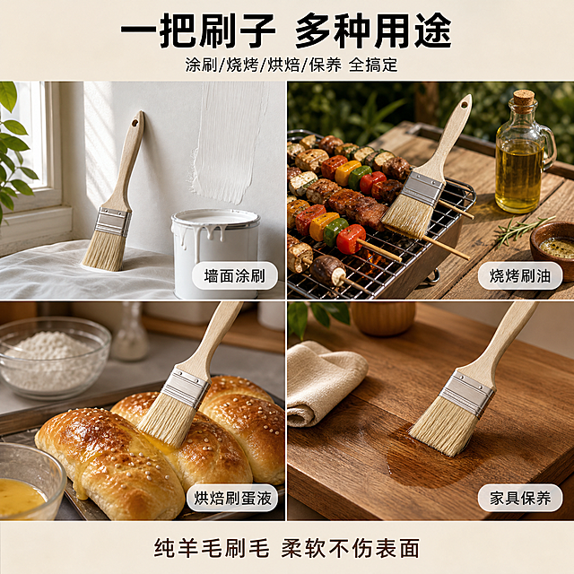[主图-4] 羊毛刷多场景适用展示图。
[氛围风格] 真实生活+工作场景风，实用接地气，展示多用途；
[画质] 商业摄影质感、光线自然真实、场景丰富有生活气息。
[元素] 画面采用上下结构，上部为大标题区，下部为4宫格场景图。4个场景分别是：左上-家装涂刷场景，白色墙面旁放着羊毛刷和油漆桶，墙面有刚刷过的均匀乳胶漆痕迹；右上-烧烤料理场景，户外烧烤架旁木桌上放着羊毛刷和油瓶，正在给食材刷油；左下-烘焙甜点场景，厨房台面上羊毛刷正在给面包刷蛋液，旁边有面粉和烤盘；右下-家具保养场景，木质桌面上羊毛刷正在给木家具刷木蜡油，旁边有干净抹布。每个场景中都有一把尺寸合适的羊毛刷作为视觉焦点。**保持所有场景中的羊毛刷外观（结构、材质、颜色）与输入产品图完全一致，杜绝变形和色差**。
[光影] 每个场景都采用自然柔光，左上场景为窗边自然光，右上场景为户外暖光，左下场景为厨房顶灯暖白光，右下场景为室内台灯光。整体色调统一偏暖，光线柔和自然。
[配色] 主色暖灰+米白统一基调；辅色原木色、食物暖色调；强调色少量绿色植物点缀。
[视角构图] 上下构图，上部约占20%为标题区，下部80%为均等4宫格，每格一个独立场景，均为平视或微俯视角度。
[文字版式] 上部居中大标题“一把刷子 多种用途”，黑色粗体大号字，下方小字副标题“涂刷/烧烤/烘焙/保养 全搞定”。4宫格每格右下角有白色半透明圆角标签，分别标注：「墙面涂刷」「烧烤刷油」「烘焙刷蛋液」「家具保养」。底部通栏浅米色背景，居中文字：纯羊毛刷毛 柔软不伤表面，深棕色中等字号。
[输出要求] 1:1比例，文字清晰可辨，超高清商业摄影质感；
[负向提示词] 变形，文字错乱，产品模糊，背景杂乱，水印，电商平台Logo，人物面部，多余的手，畸形手。