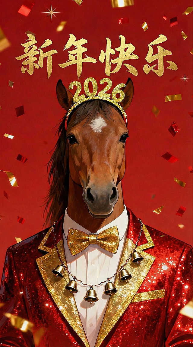 拟人风马身着鎏金红袍，戴2026年冠，配铃铛项链，国潮奢华感十足，喜庆红金背景洒落彩带，新年祝福跃然眼前。