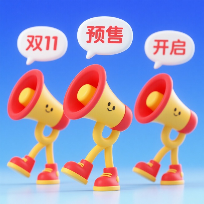 3个黄红配色小喇叭（主体黄色，喇叭口红色，有黄色小腿与红色鞋子）依次在平面上排列；每个小喇叭上方有白色对话气泡和线条，营造说话氛围，每个气泡从左至右依次是红色的文字：“双11”“预售”“开启”；每个扩预览效果