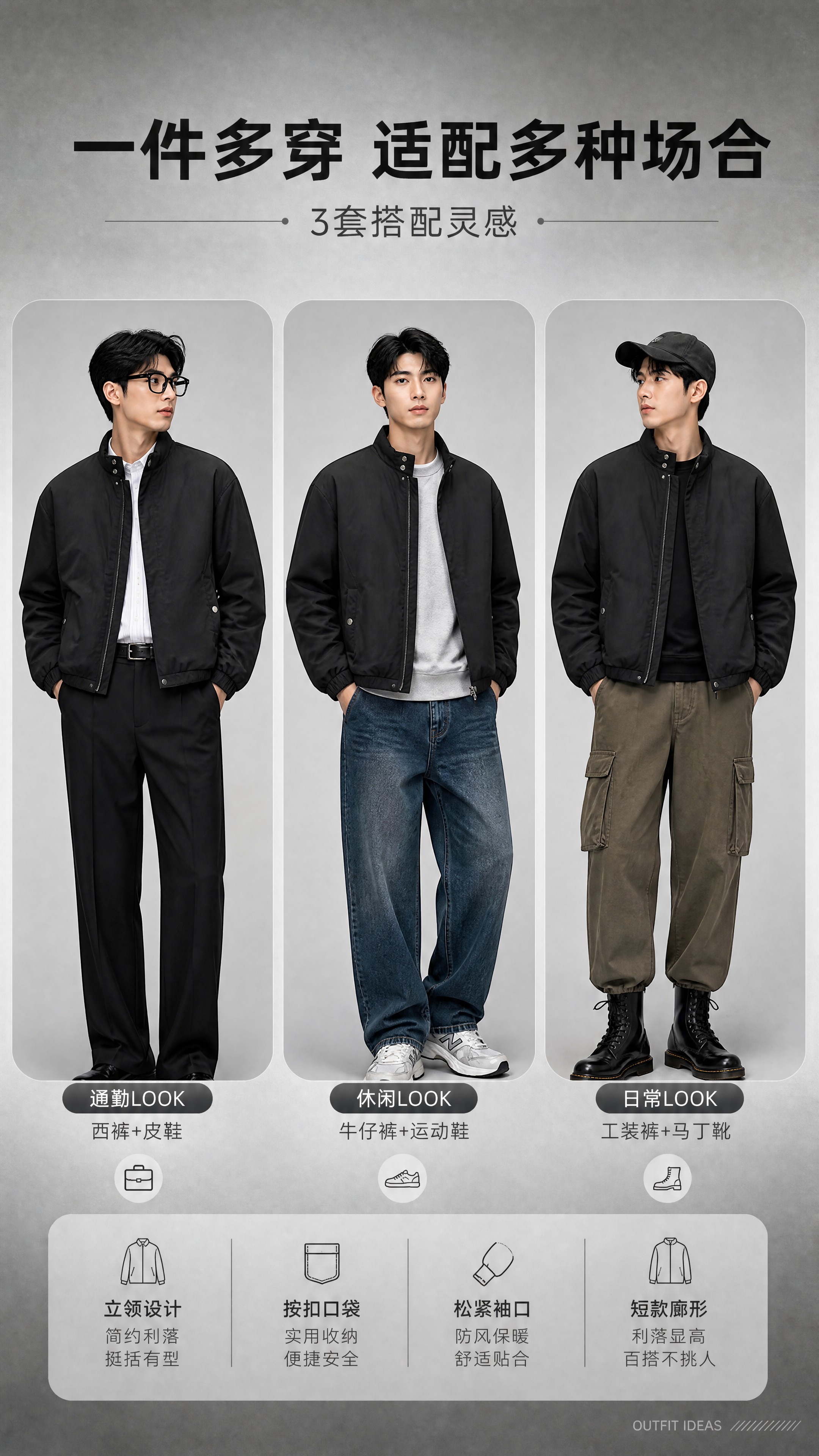[商品] 使用【图1】黑色男士立领短款棉服夹克；商品处理：保留… - 图片创意预览