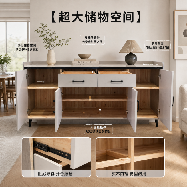 [主图-2] 开合收纳功能展示，现代简约杉木岩板餐边柜
[氛围风格] 现代简约温馨居家生活感，整洁收纳秩序感
[画质] 商业摄影质感、光线柔和通透、产品清晰真实、画面干净高级
[元素] 在现代客餐厅空预览效果