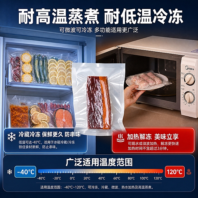 [主图-3] 主题：耐高温蒸煮 可微波可冷冻 多功能展示。唯一任务：展示袋子耐高温、可冷藏冷冻、可水煮微波加热的广泛适用温度范围。
[统一基调] 淘宝/天猫专业品质风格，深蓝渐变主背景配亮橙红强调色，白色主标题字，浅灰辅助字，粗黑无衬线字体，大号粗标题+中号副标题+小号说明字三级字号，圆角信息卡片，简洁现代商业摄影质感。
[画面] 画面采用左右分区构图，左侧展示冰箱冷冻室内整齐摆放多袋真空封装的玉米、柠檬片、蔬菜、三文鱼等食材，体现冷藏冷冻保鲜；右侧展示微波炉旁一只手将真空封装的肉丸放入微波炉内，体现可加热解冻。中间用真空袋产品图连接两个场景。产品外观与输入图一致。
[光影质感] 左侧冰箱内冷调柔光，右侧微波炉场景暖调室内光，整体光影自然真实，产品融入场景。
[配色] 整体深蓝主调，左侧冷蓝色调代表冷冻，右侧暖橙色调代表加热，形成冷暖对比，颜色鲜亮。
[文字版式] 画面顶部大字主标题"耐高温蒸煮 耐低温冷冻"，左侧下方蓝底白字卡片"冷藏冷冻 保鲜更久 防串味"，右侧下方红底白字卡片"加热解冻 美味立享"。文字横排，清晰可读。
[输出要求] 1:1正方形比例，2K高清，文字清晰，场景真实自然。禁止产品变形，禁止改变直径，禁止改变形状，禁止改变透视角度，禁止重新绘制产品，禁止新增产品，禁止减少产品，禁止改变产品颜色。禁止错字、模糊、杂乱、水印、平台Logo。