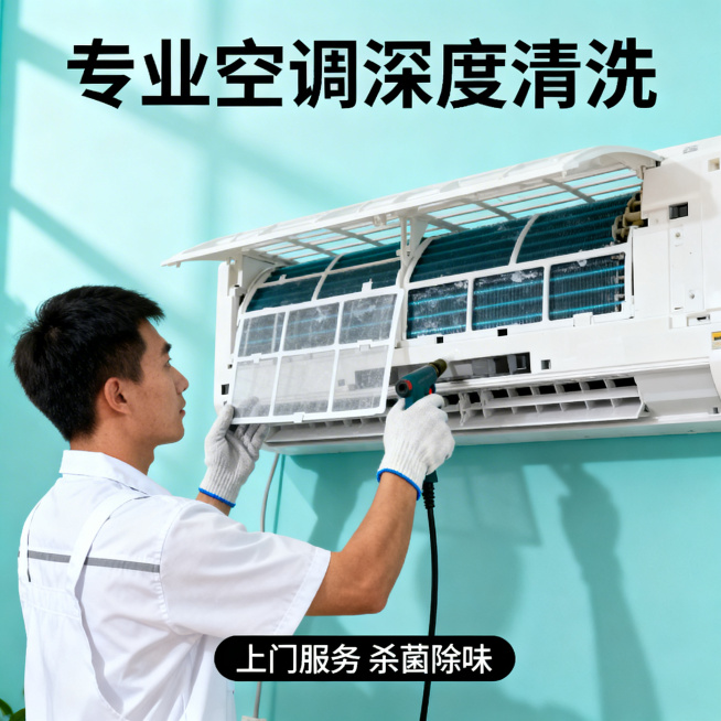家政空调清洗服务电商商品主图，整体干净简约商务风格，画面顶部有醒目标题“专业空调深度清洗”，下方展示干净整洁的专业师傅清洗空调内机的场景，整体色调清爽，蓝色绿色为主，体现洁净健康，画面底部有小字“上门预览效果