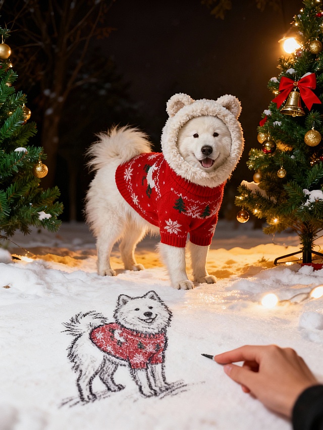 写实摄影风。画面主视觉是戴着毛绒头套的宠物与宠物的雪地画像合影。画像为写实风全身像，像用手指画在雪地上。宠物神态可爱，圣诞庭院场景。