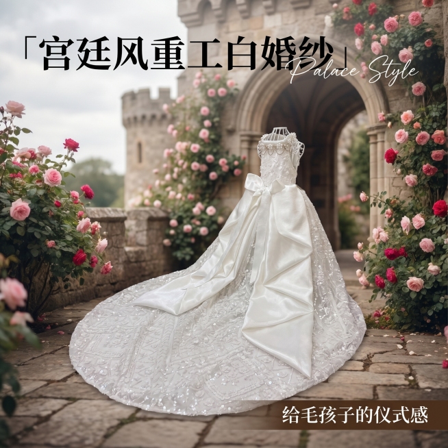 [单张主图] 白色重工宠物婚纱，高级氛围感主图，放置在复古石质古堡场景，突出梦幻宫廷风格。
[画面主体] 白色宠物拖尾婚纱，保持抹胸珍珠设计、腰部大蝴蝶结缎面、拖尾亮片刺绣细节和输入产品图完全一致，杜预览效果