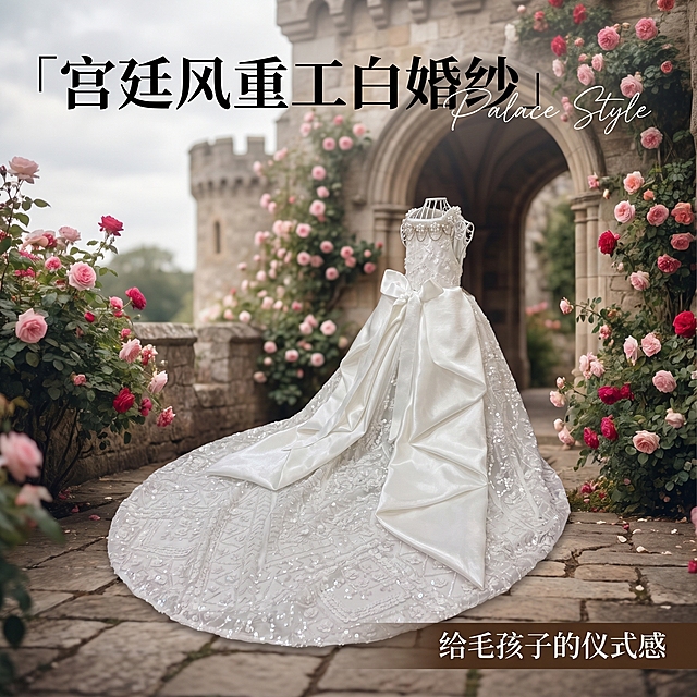 [单张主图] 白色重工宠物婚纱，高级氛围感主图，放置在复古石质古堡场景，突出梦幻宫廷风格。
[画面主体] 白色宠物拖尾婚纱，保持抹胸珍珠设计、腰部大蝴蝶结缎面、拖尾亮片刺绣细节和输入产品图完全一致，杜绝任何变形色差，精细化展示重工质感。婚纱放置在场景中心，完整展示整体拖尾设计，占画面约65%，视觉中心突出。
[构图版式] 采用大字场景海报型版式，上半区放置主标题，婚纱放置在中下方真实石质地面承托，周围搭配拱门玫瑰花丛，右侧和顶部留出自然留白，不遮挡婚纱主体。
[场景元素] 场景布置为复古石质古堡，拱门爬满玫瑰花丛，浅色石板路，整体氛围复古梦幻，浪漫优雅。
[文案版式] 上半区左对齐放置主标题「宫廷风重工白婚纱」，黑色最大号细无衬线字体，旁边添加英文手写体"Palace Style"作装饰，右下角小字标注「给毛孩子的仪式感」，文字不遮挡婚纱主体。
[光影质感] 阴天柔和柔光，整体色调柔和，不生硬刺眼，主光为漫射环境光，突出缎面光泽和刺绣亮片质感，浅景深背景虚化突出婚纱，高级商业摄影质感，细节清晰干净。
[配色字体] 主色为婚纱本身的纯净白色，辅助色为古堡石灰色和玫瑰红色，强调色为深棕色文字，字体细无衬线，字重克制，层次分明。
[比例分辨率] 1:1 比例，2k 分辨率，文字清晰锐利，画面超高清。
[负向提示词] 变形，文字遮挡，改变婚纱设计，背景杂乱，光线刺眼，低清晰度