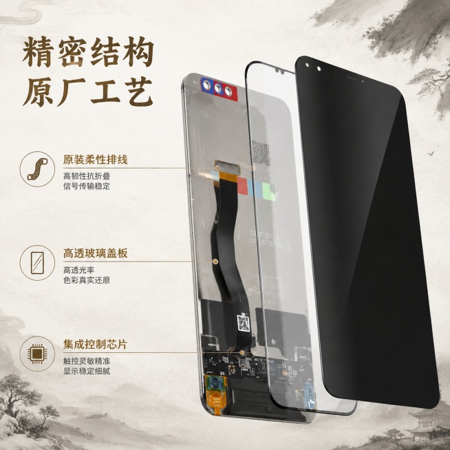 [主图3] 屏幕总成内部结构拆解展示，科技感结合唐宋简约风格，突出产品工艺；画质：4K超清，细节清晰；构图：产品拆分透视展示，正面屏幕、排线、连接芯片分层呈现，左侧结构标注文字；背景：浅色宣纸暗纹，边预览效果