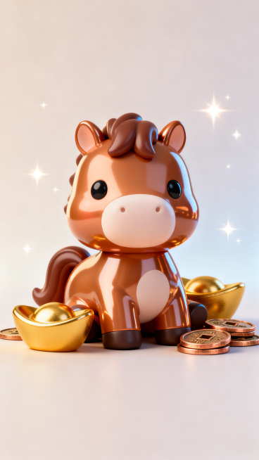 3D盲盒风格马年微信红包封面，Q版卡通骏马形象，圆润可爱，马身采用亮面材质，搭配金元宝、铜钱装饰，背景是简约浅色系渐变，点缀闪光特效，整体立体饱满，光影柔和，造型呆萌讨喜，突出马到成功、财源广进的寓意预览效果