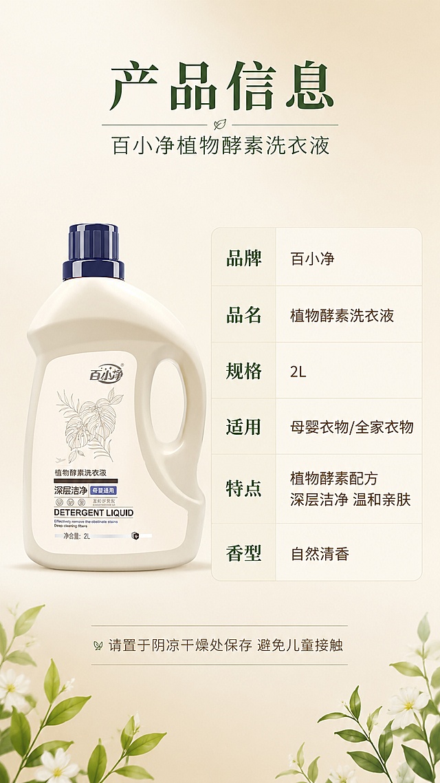 [第8屏] 详情页产品信息-规格参数与品牌信息。本屏使用【图1】作为商品主体，置于画面左侧。
[氛围/风格] 简洁专业风，浅米白渐变背景，信息表格式排版，清晰可信，商业设计质感。
[元素布局] 左侧为洗衣液瓶正面标准照，占比约40%；右侧为产品参数信息表，竖排排列；背景为浅米白到暖米色的渐变，底部有柔和的植物叶片装饰；瓶身外观与输入图完全一致。
[光影质感] 正面均匀柔光，产品下方自然浅投影，整体干净专业。
[配色色系] 全局底色 #FAF6EC 到 #F5EFE0 渐变；主色深绿+米白；辅助色浅棕文字、浅绿装饰；点缀色白色表格底。
[视角构图] 左物右表型，左右分栏，阅读动线从左到右。
[文字版式] 顶部主标题「产品信息」，副标题「百小净植物酵素洗衣液」；右侧参数表包含：「品牌」百小净、「品名」植物酵素洗衣液、「规格」2L、「适用」母婴衣物/全家衣物、「特点」植物酵素配方 深层洁净 温和亲肤、「香型」自然清香；参数表用浅底色块分隔，字段名深绿色加粗，内容浅棕色；底部有一行小字「请置于阴凉干燥处保存 避免儿童接触」。
[比例分辨率] 9:16 竖版比例，4K 分辨率，文字清晰可辨，高清画质。
[负向提示词] 产品变形，文字模糊，水印，排版混乱，极限词违规词，虚假承诺。