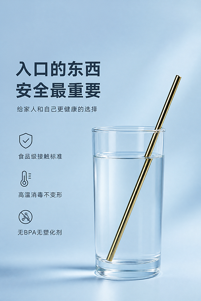 2:3竖版安全屏，简约轻奢+哑光质感风。严格还原产品图所有细节，尺寸比例1:1，去除无关杂物。淡蓝色渐变哑光背景，右侧展示幻彩金弯管插入透明水杯（装清水）。左侧分三点配简约图标："食品级接触标准"、"高温消毒不变形"、"无BPA无塑化剂"。主标题左对齐，无衬线极简："入口的东西 安全最重要"；副标题细体留白："给家人和自己更健康的选择"。负面提示词：模糊、变形、色差、杂物、手、文字错误、图标复杂、塑料质感、水杯漏水、背景杂乱