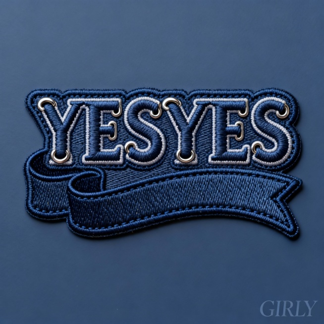 一个以纯色背景为基底的徽章形状设计，主体为“YESYES”文字，采用立体缝线工艺呈现，字母边缘带有金属质感环扣细节，整体色调为深邃的宝蓝色，表面覆盖细腻的织物纹理与微妙高光，营造出精致的手工刺绣感；徽章轮廓清晰、对称饱满，底部延伸出流畅的弧形飘带造型，强化视觉动感；右下角可轻印“GIRLY”字样作为风格注脚，整体氛围兼具时尚活力与女性化柔美气质，保持高度统一的3D质感与色彩和谐度。预览效果