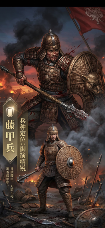 参考上传图片的画风，生成游戏兵种展示图，背景是东方古代藤甲兵的立绘原画，前方是该藤甲兵的写实3D建模，整体场景是战场，地上散落着破败的武器和装甲，天空弥漫着黑烟，远方火焰烧红了半边天，兵种是东方古代藤预览效果