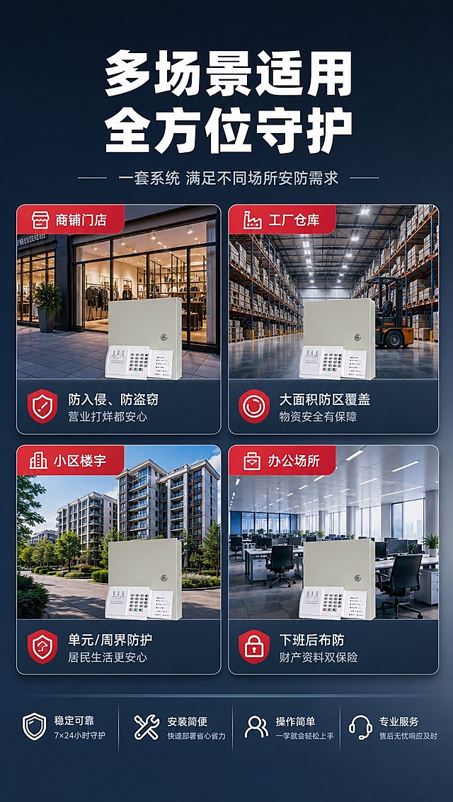 [商品] 使用【图1】CX-238W 8/16报警主机；商品处理：严格保留箱体外观、比例、颜色和结构，不改变外观，仅做清晰度优化。产品缩小后放入各场景卡片中作为示意。
[画面] 目标：多场景适用展示，覆盖目标用户群体。构图：顶部标题区，中部4个场景卡片分2行2列排列，每个卡片含场景缩略图+产品小图+适用说明。阅读动线：顶部标题→左上场景→右上场景→左下场景→右下场景。前中后景：背景深灰蓝渐变，中层场景卡片悬浮，前景文字。
[视觉] 套系策略：风格=安防行业专业商业摄影，克制高级；标题字=粗黑体，厚重有力；正文字=简洁无衬线体；主色=深灰蓝（安防行业色）；背景延展=基于深灰蓝做柔和渐变；强调色=警示红，仅用于场景标签和图标；标题色=白色；正文色=浅灰；组件=圆角场景卡片、细线分隔、场景小图标；光影=整体均匀柔光，卡片有轻微投影。
[文字] 主标题"多场景适用 全方位守护"（≤10字），副标题"一套系统 满足不同场所安防需求"。4个场景：1.商铺门店——防入侵、防盗窃，营业打烊都安心；2.工厂仓库——大面积防区覆盖，物资安全有保障；3.小区楼宇——单元/周界防护，居民生活更安心；4.办公场所——下班后布防，财产资料双保险。全部横向排版，手机端可读。空白区域用场景适配短句填充。
[规格] 图片比例9:16竖版，4K分辨率，负向提示：避免产品变形、纯白底、过于彩色、文字竖排、文字过小、极限词。