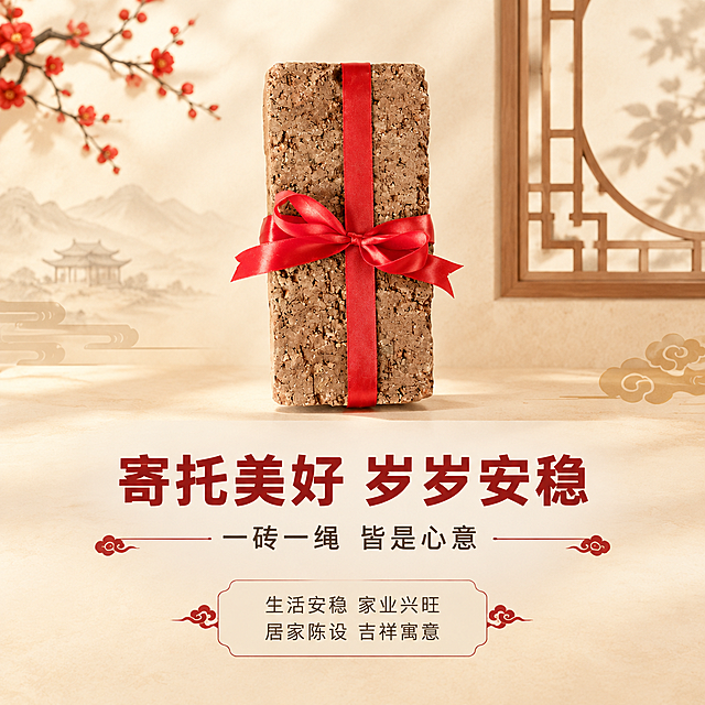 [商品] 使用【图1】红砖捆红绳摆件；保留红砖肌理、红绳十字捆绑蝴蝶结结构、砖体颜色与比例；商品处理：保留砖面自然纹理，去除背景褶皱，增强红绳缎面光泽与整体氛围感。
[画面] 目标为寓意解读，强化情感价值；居中偏上构图，摆件位于画面中上部，主体占画面50%；背景为暖米色新中式意境背景，搭配淡墨祥云、中式窗棂剪影等元素；下方留白放寓意文案，营造庄重温馨的美好期许氛围。
[视觉] 套系策略：风格=新中式喜庆温馨商业摄影风；标题字=阿里巴巴普惠体 粗体；正文字=阿里巴巴普惠体 常规；主色=砖红+暖米杏；背景延展=基于暖米杏做深浅层级、同色渐变和细腻宣纸/木纹质感；强调色=正红色，仅用于小面积图标、引线和标签；标题色=深砖红；正文色=深暖灰；组件=圆角米白底信息卡、细红线引线、中式祥云小图标；光影=左前侧暖柔光，右侧柔和补光，底部自然投影。
[文字] 中部主标题「寄托美好 岁岁安稳」，副标题「一砖一绳 皆是心意」；下方两行寓意文案：「生活安稳 家业兴旺」「居家陈设 吉祥寓意」；配小型中式装饰线条；文字全部横向排版，层级清晰。
[规格] 图片比例1:1，4K分辨率，负向提示：避免变形、错字、文字过小、冷蓝/冷灰背景、砖体颜色改变、红绳结构错乱、极限词违禁词、平台Logo水印、迷信夸大表述。