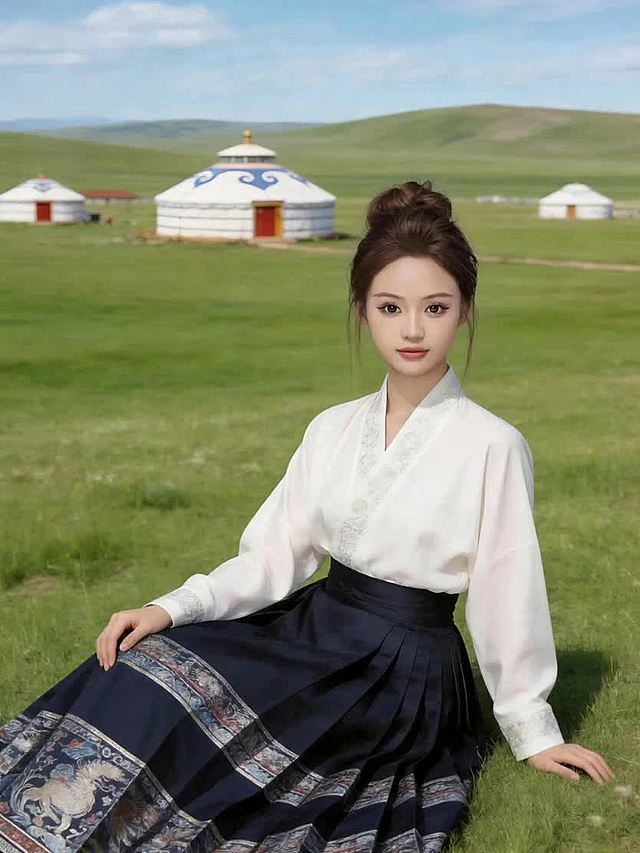 画面里的这个女生在面向镜头，向大家介绍她身后的呼伦贝尔大草原，她坐在绿草中，用内蒙古方言热情介绍：「游牧风情贼浓，策马就见牛羊。我身后就是呼伦贝尔大草原，我在呼伦贝尔跟你一块儿过年呐！」