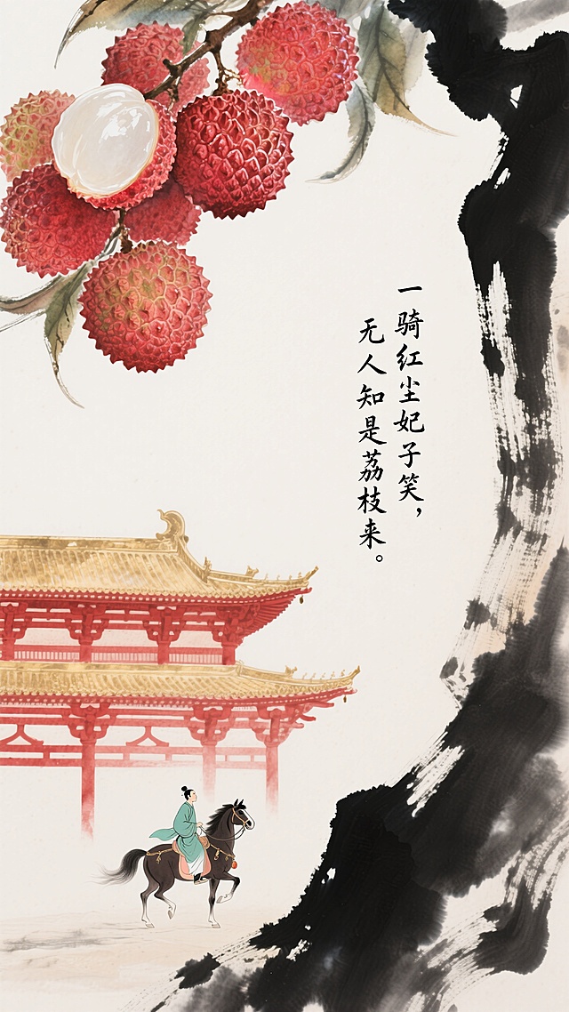 画面上方斜着延申出一串巨大的荔枝，画面中间、下方是一个迷你的骑马的唐代青衣男子和巨大的红金色调的唐代建筑，空白处小文字内容“一骑红尘妃子笑，无人知是荔枝来。”，毛笔字体，文字竖排版