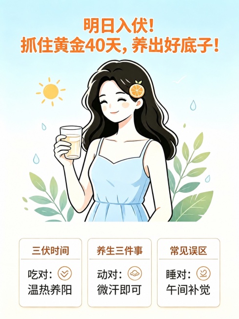 删除图片右下角的水印，保留原图的入伏养生海报内容、插画风格和排版不变，自然填充背景预览效果