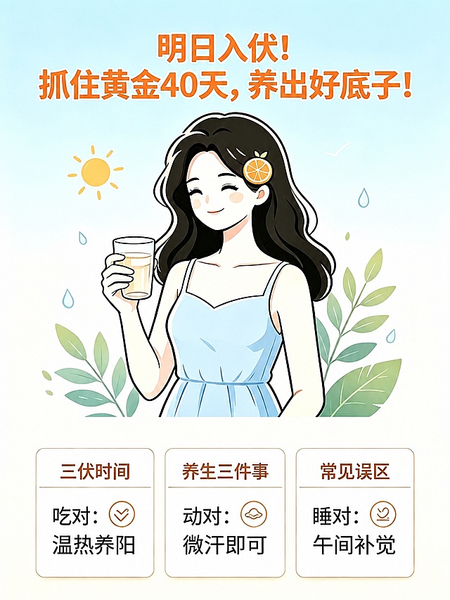 删除图片右下角的水印，保留原图的入伏养生海报内容、插画风格和排版不变，自然填充背景