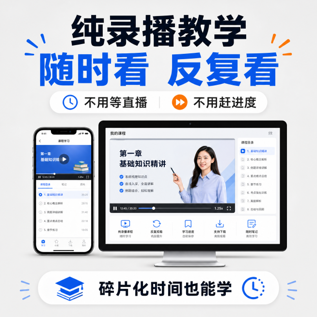 [主图-6] 纯录播优势主图，浅灰色背景，中心手机加电脑图标，标注多设备可用。主标题：纯录播教学 随时看 反复看，副标题：不用等直播 不用赶进度，底部：碎片化时间也能学。简洁清晰，突出自主学习优势，1预览效果