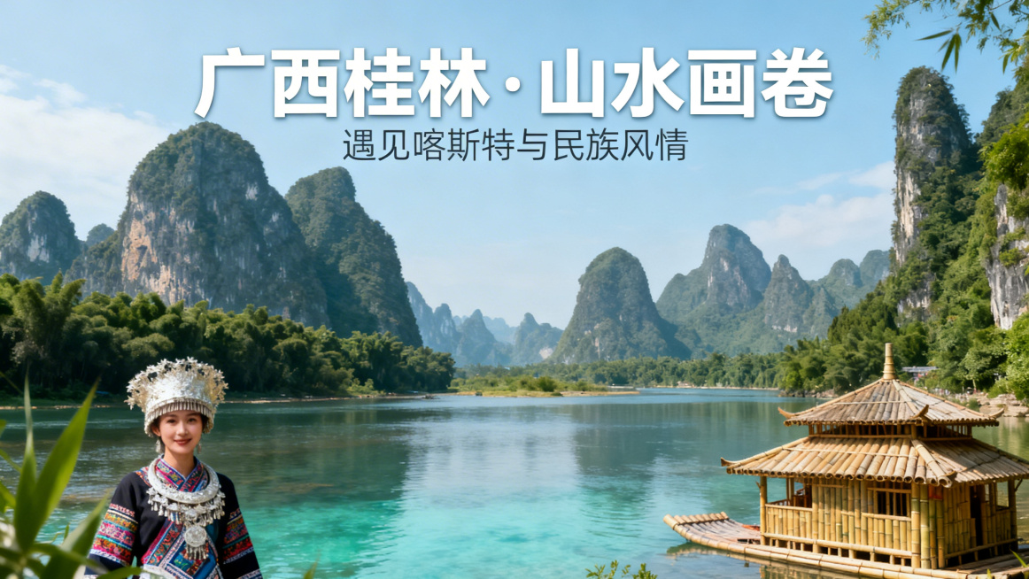 广西文旅公众号封面，展现广西桂林山水、喀斯特地貌风光，融入少数民族风情元素，清新大气的视觉风格，适合作为公众号头图，色调自然清新，构图居中突出主题预览效果