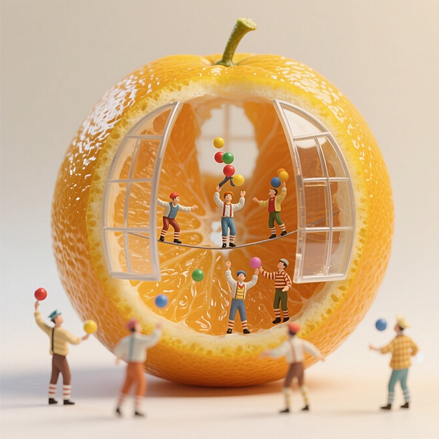 橙色微缩世界，小人杂耍趣味，水彩风清新超现实。