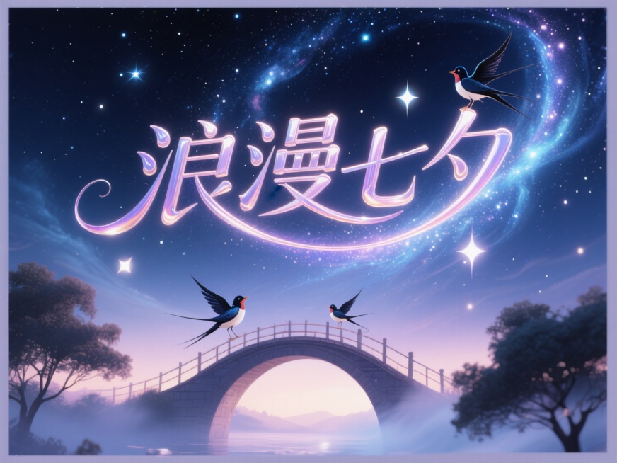 上下文字"浪漫七夕"，整体画面呈现浪漫氛围感，线条流畅，适合幸福有爱的话题的艺术字体线条，星空，星云，树影，浪漫元素。有远景和近景，创意字体设计点缀有喜鹊鹊桥、星空里面有很多星星。夜空星空，浪漫七夕氛预览效果